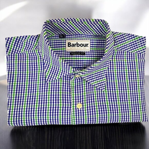 Barbour Regular Fit Purple Green Check Cotton‎ Button Down Shirt - Picture 1 of 10